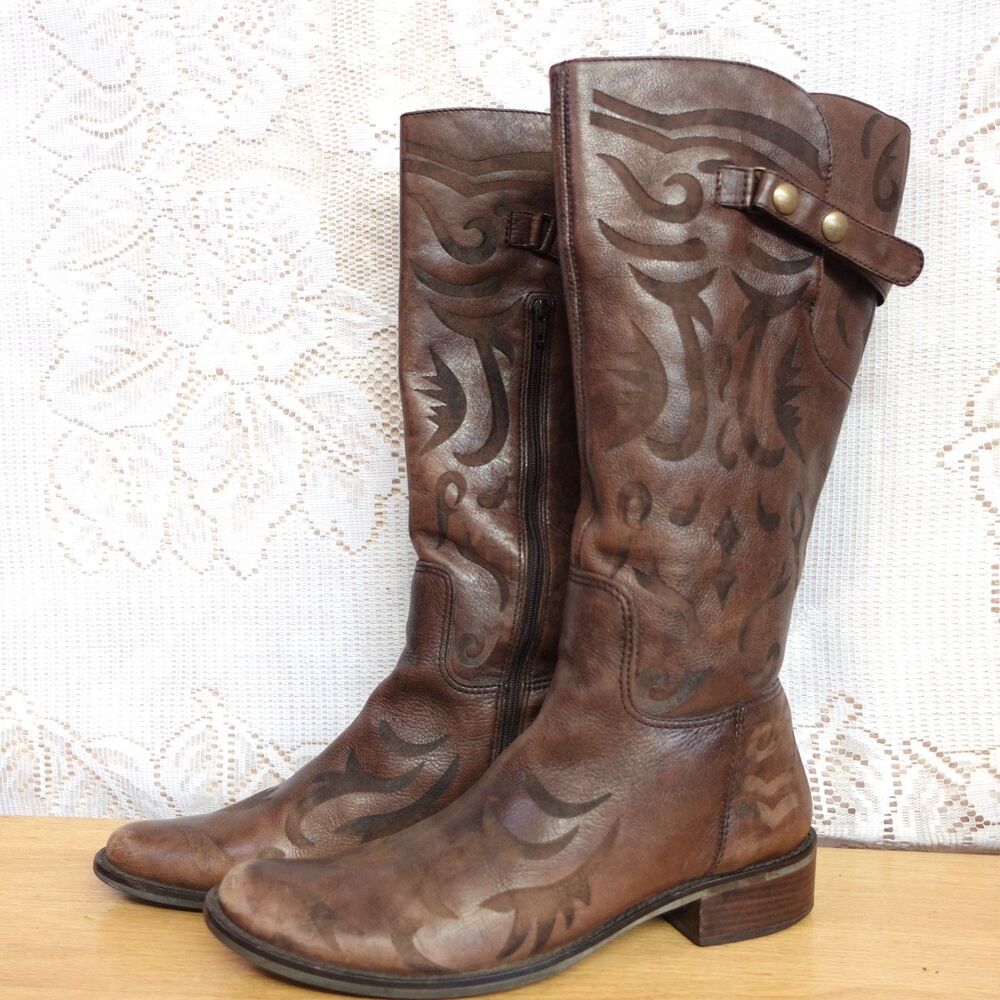 Matisse Creed Embossed Brown Leather Riding Boots Womens Size 10M Fairy Western
